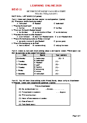 Đề thi tuyển sinh Lớp 10 THPT môn Tiếng Anh năm 2020 - Đề số 11